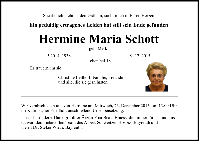  Traueranzeige für Hermine Maria Schott vom 19.12.2015 aus MGO