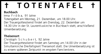 Anzeige von Totentafel vom 19.12.2015 von MGO