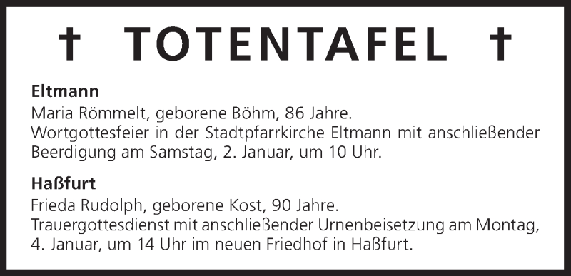  Traueranzeige für Totentafel vom 31.12.2015 vom 31.12.2015 aus MGO