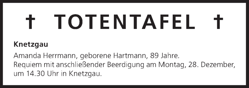  Traueranzeige für Totentafel vom 28.12.2015 vom 28.12.2015 aus MGO