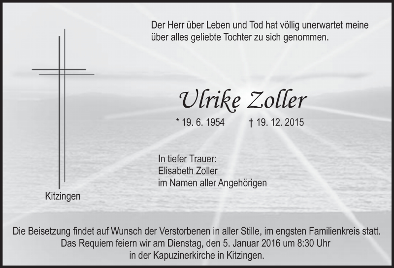  Traueranzeige für Ulrike Zoller vom 24.12.2015 aus MGO