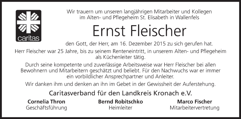  Traueranzeige für Ernst Fleischer vom 24.12.2015 aus MGO