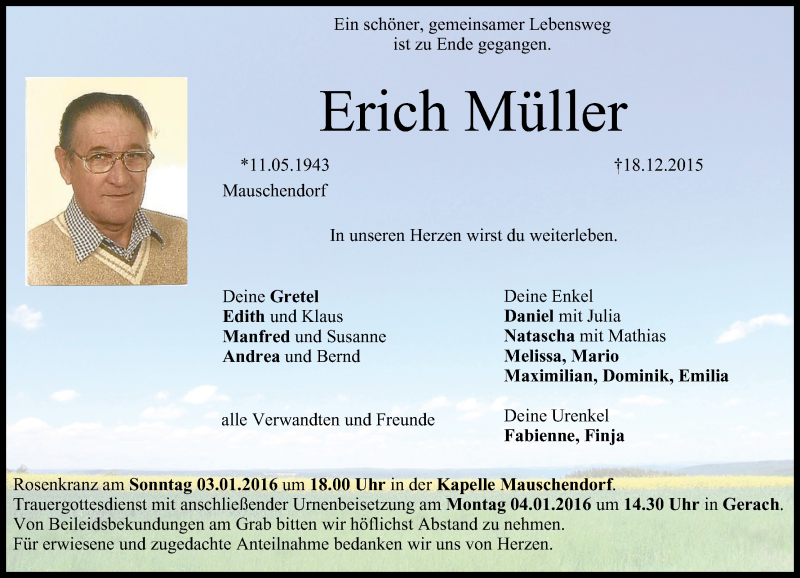  Traueranzeige für Erich Müller vom 31.12.2015 aus MGO