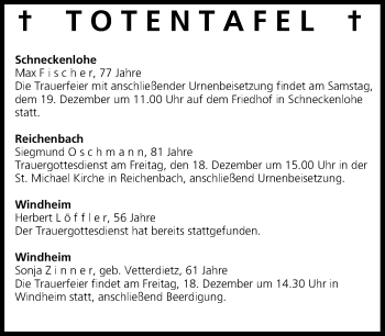 Anzeige von Totentafel vom 18.12.2015 von MGO