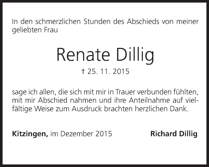  Traueranzeige für Renate Dillig vom 28.12.2015 aus MGO