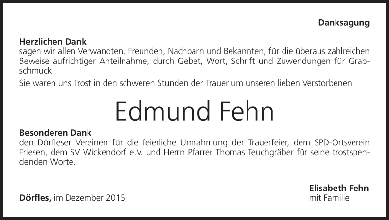  Traueranzeige für Edmund Fehn vom 18.12.2015 aus MGO
