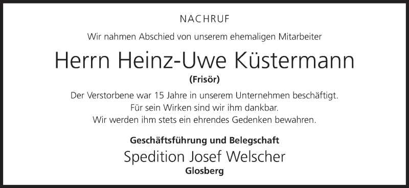  Traueranzeige für Heinz-Uwe Küstermann vom 30.12.2015 aus MGO