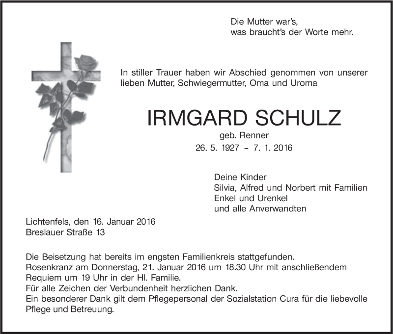  Traueranzeige für Irmgard Schulz vom 18.01.2016 aus MGO