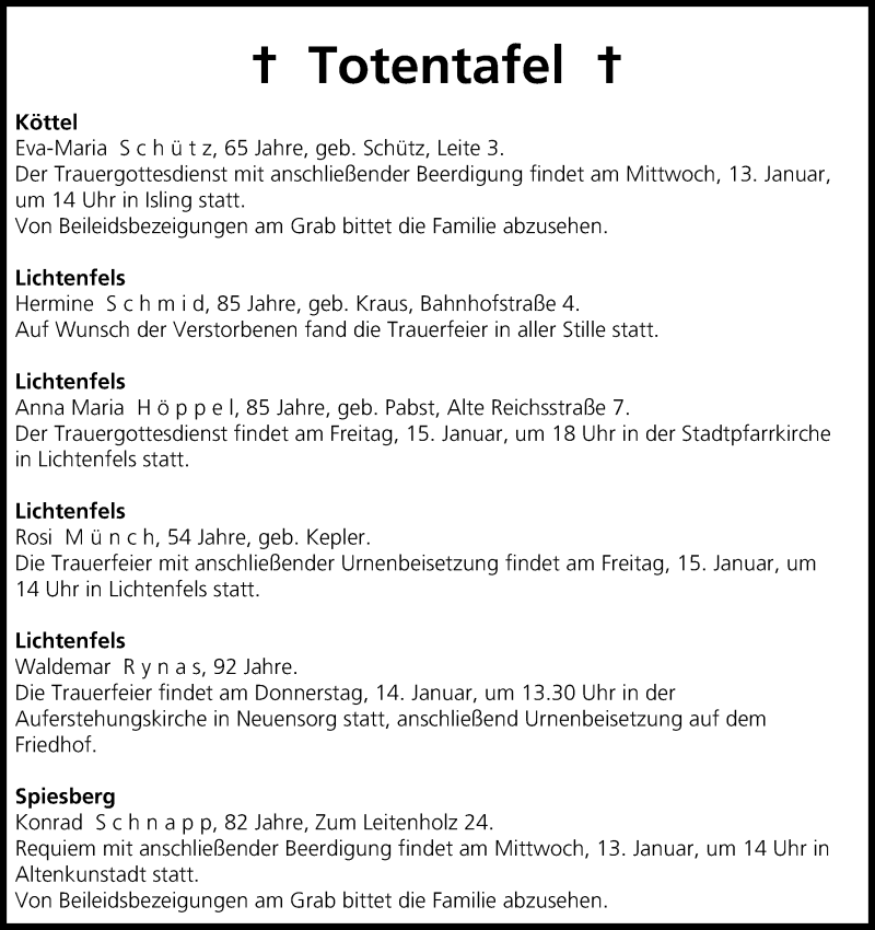  Traueranzeige für Totentafel vom 13.01.2016 vom 13.01.2016 aus MGO