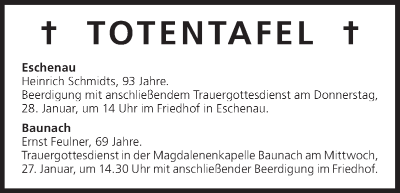  Traueranzeige für Totentafel vom 27.01.2016 vom 27.01.2016 aus MGO