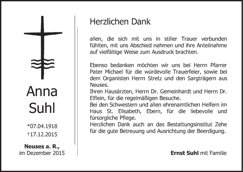  Traueranzeige für Anna Suhl vom 09.01.2016 aus MGO