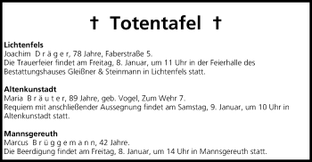 Anzeige von Totentafel vom 08.01.2016 von MGO
