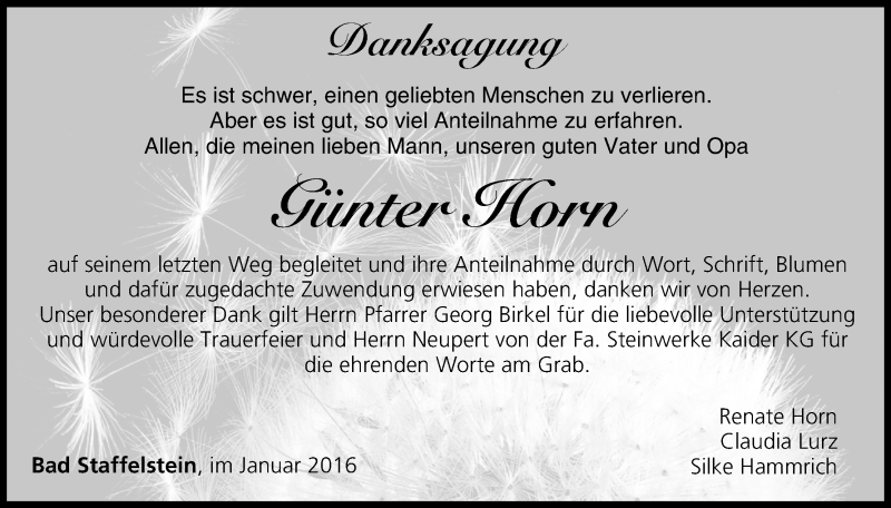  Traueranzeige für Günter Horn vom 30.01.2016 aus MGO