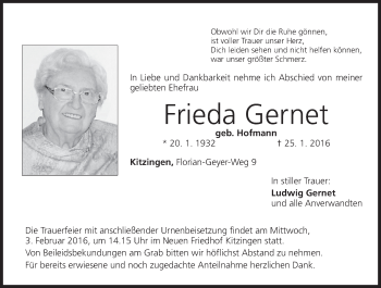 Anzeige von Frieda Gernet von MGO