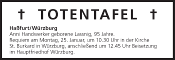 Anzeige von Totentafel vom 23.01.2016 von MGO