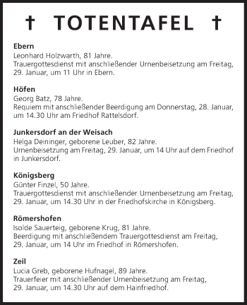 Anzeige von Totentafel vom 28.01.2016 von MGO