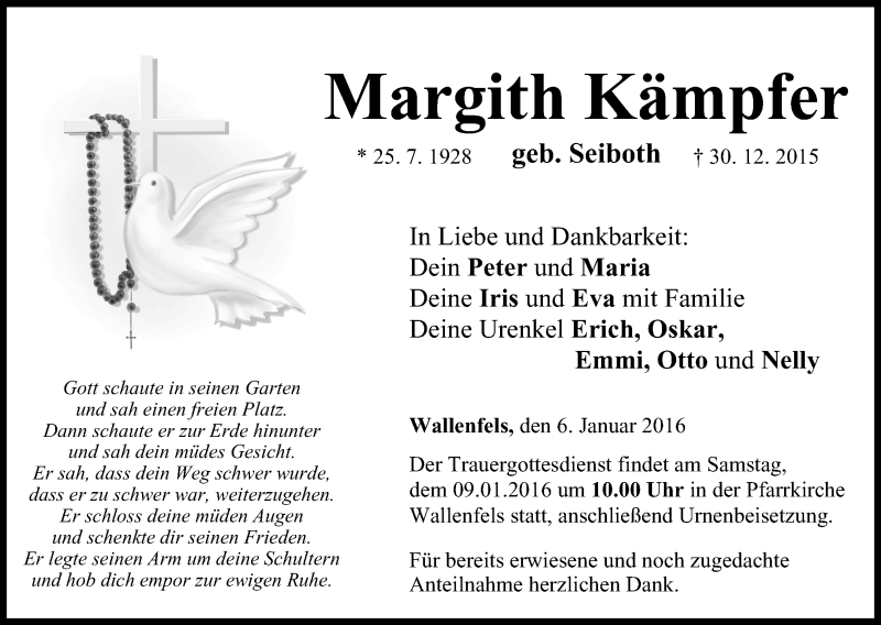  Traueranzeige für Margith Kämpfer vom 06.01.2016 aus MGO