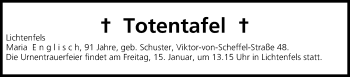 Anzeige von Totentafel vom 14.01.2016 von MGO