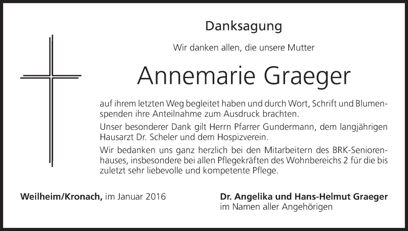  Traueranzeige für Annemarie Graeger vom 16.01.2016 aus MGO