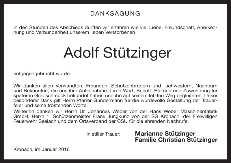  Traueranzeige für Adolf Stützinger vom 16.01.2016 aus MGO