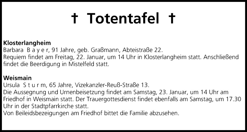  Traueranzeige für Totentafel vom 22.01.2016 vom 22.01.2016 aus MGO