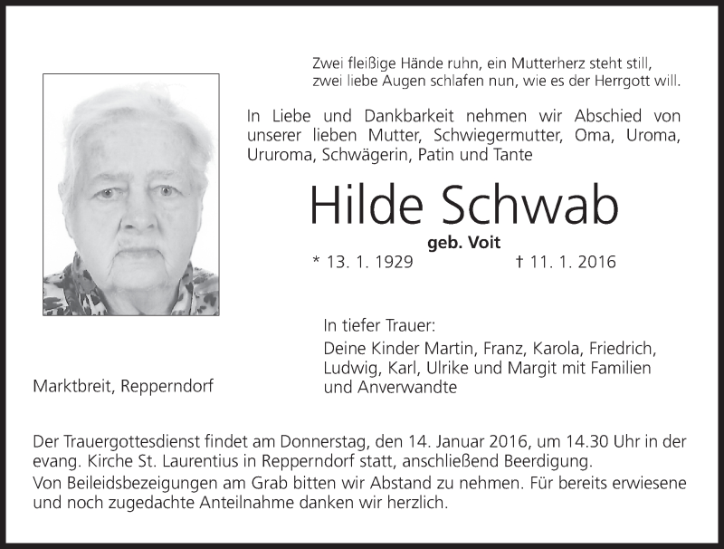  Traueranzeige für Hilde Schwab vom 13.01.2016 aus MGO