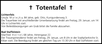 Anzeige von Totentafel vom 28.01.2016 von MGO