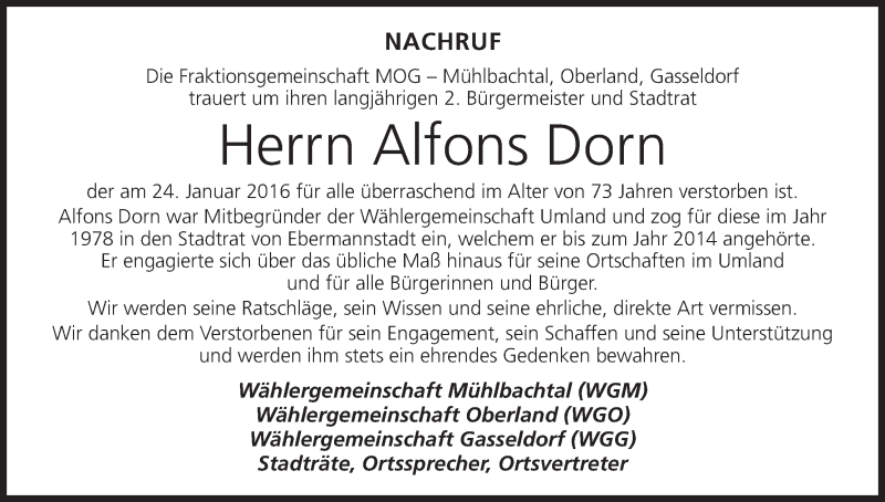  Traueranzeige für Alfons Dorn vom 30.01.2016 aus MGO