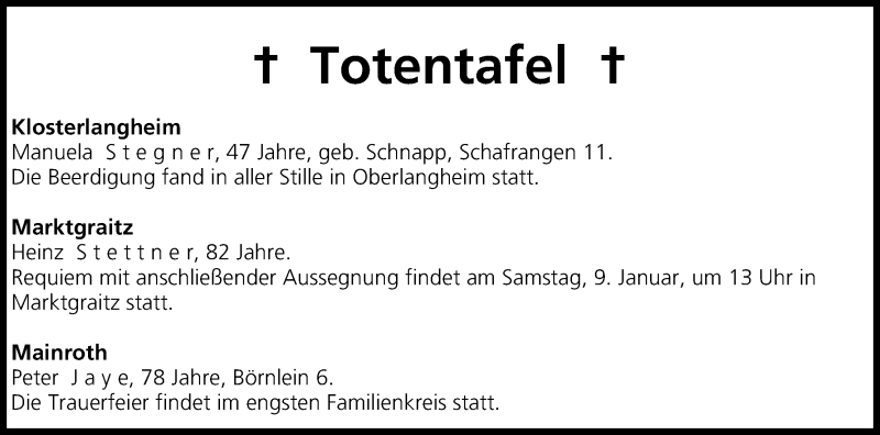  Traueranzeige für Totentafel vom 09.01.2016 vom 09.01.2016 aus MGO