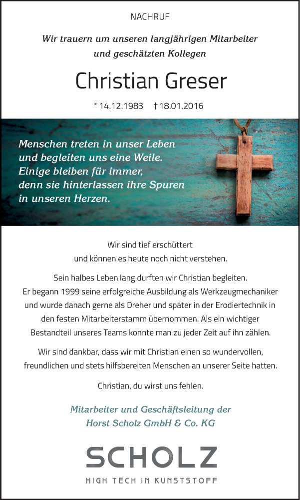  Traueranzeige für Christian Greser vom 30.01.2016 aus MGO