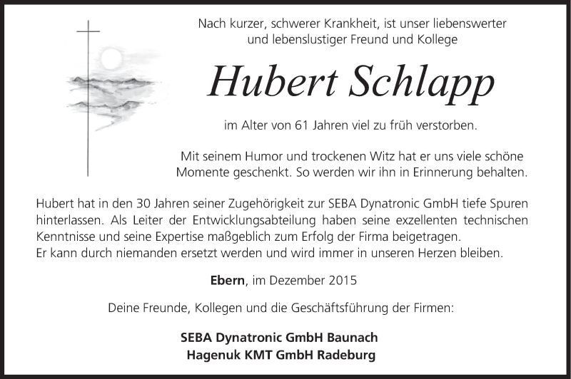  Traueranzeige für Hubert Schlapp vom 09.01.2016 aus MGO