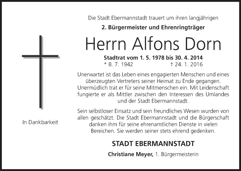  Traueranzeige für Alfons Dorn vom 26.01.2016 aus MGO