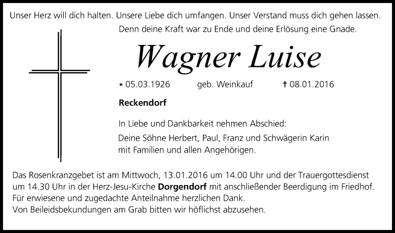  Traueranzeige für Wagner Luise vom 12.01.2016 aus MGO