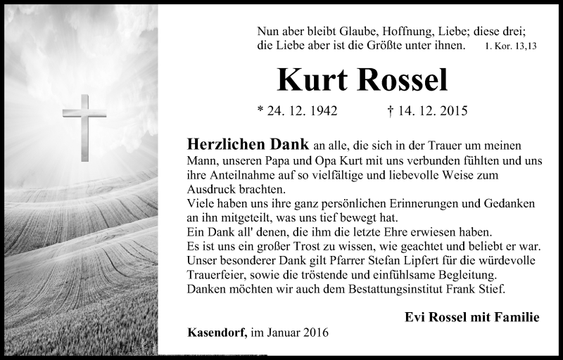  Traueranzeige für Kurt Rossel vom 08.01.2016 aus MGO
