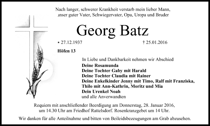  Traueranzeige für Georg Batz vom 27.01.2016 aus MGO