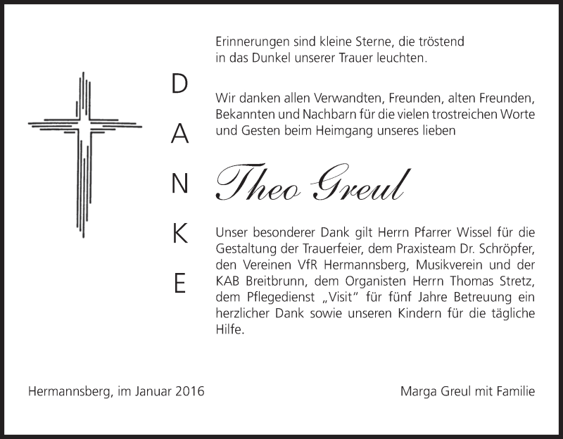  Traueranzeige für Theo Greul vom 21.01.2016 aus MGO