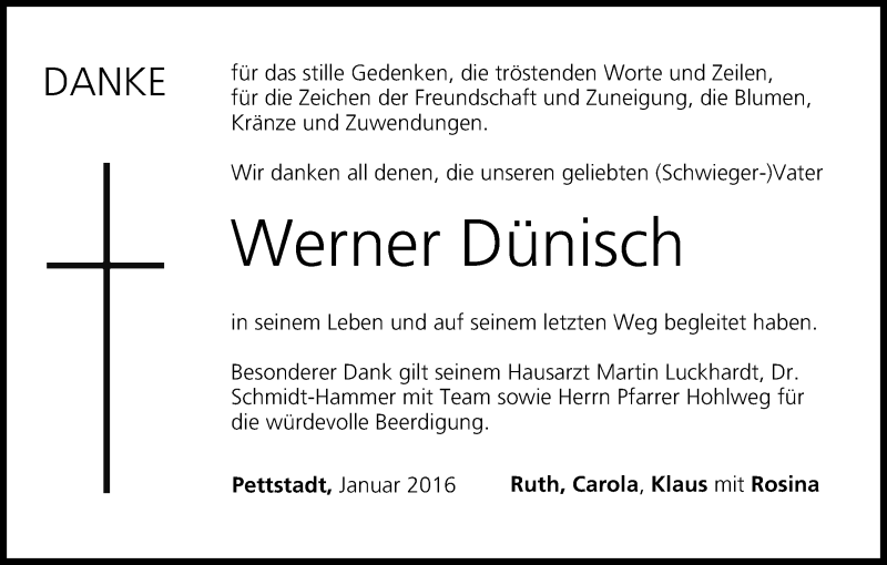  Traueranzeige für Werner Dünisch vom 09.01.2016 aus MGO