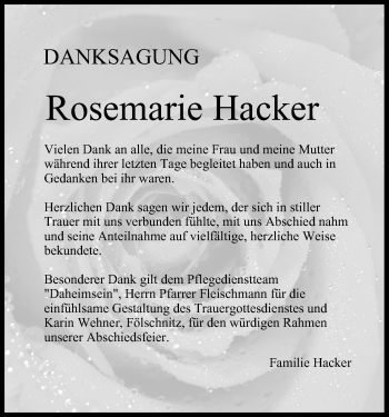 Anzeige von Rosemarie Hacker von MGO