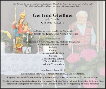 Anzeige von Gertrud Gleißner von MGO