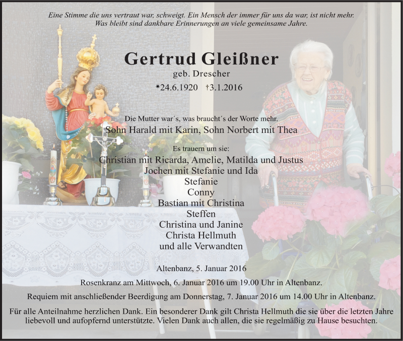  Traueranzeige für Gertrud Gleißner vom 05.01.2016 aus MGO