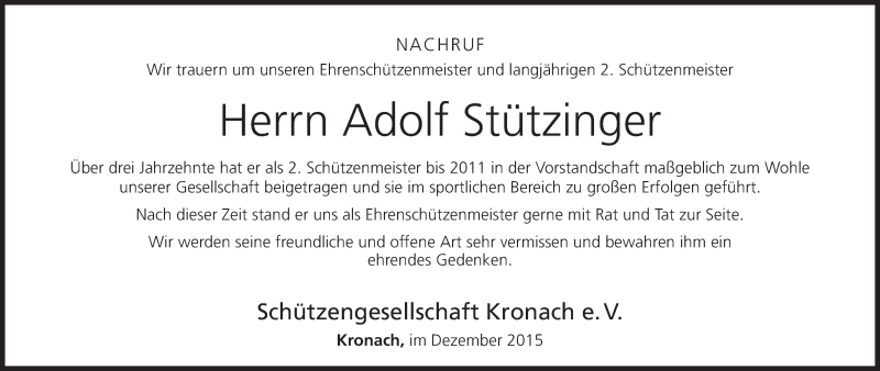  Traueranzeige für Adolf Stützinger vom 04.01.2016 aus MGO
