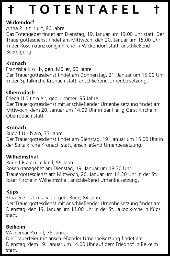  Traueranzeige für Totentafel vom 19.01.2016 vom 19.01.2016 aus MGO