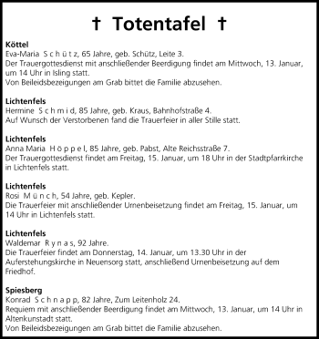Anzeige von Totentafel vom 13.01.2016 von MGO