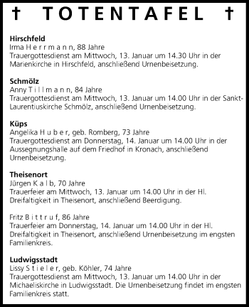 Anzeige von Totentafel vom 12.01.2016 von MGO