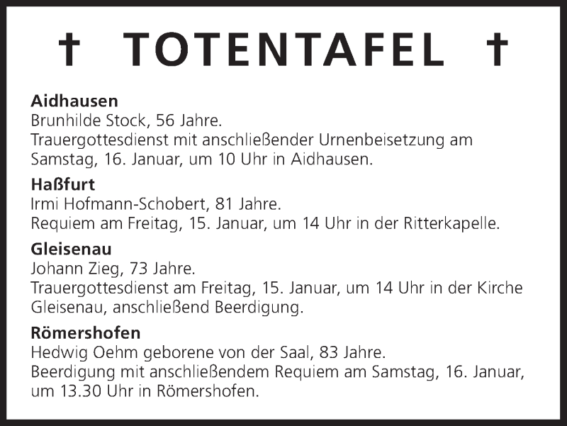  Traueranzeige für Totentafel vom 15.01.2016 vom 15.01.2016 aus MGO