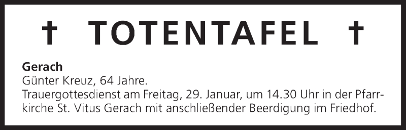  Traueranzeige für Totentafel vom 29.01.2016 vom 29.01.2016 aus MGO