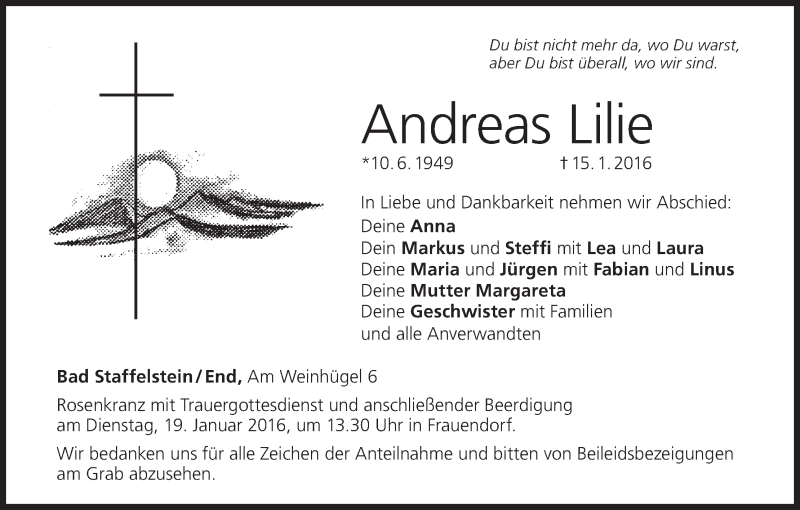  Traueranzeige für Andreas Lilie vom 18.01.2016 aus MGO