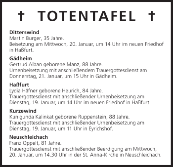 Anzeige von Totentafel vom 19.01.2016 von MGO