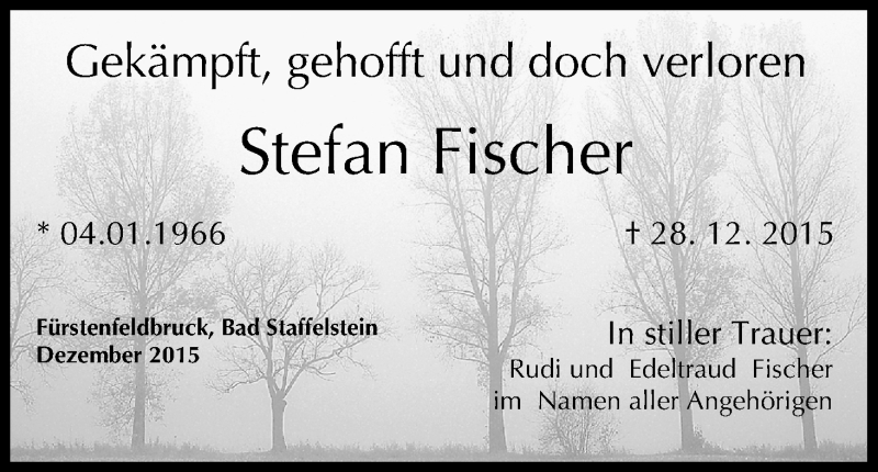  Traueranzeige für Stefan Fischer vom 02.01.2016 aus MGO
