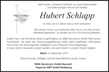 Anzeige von Hubert Schlapp von MGO